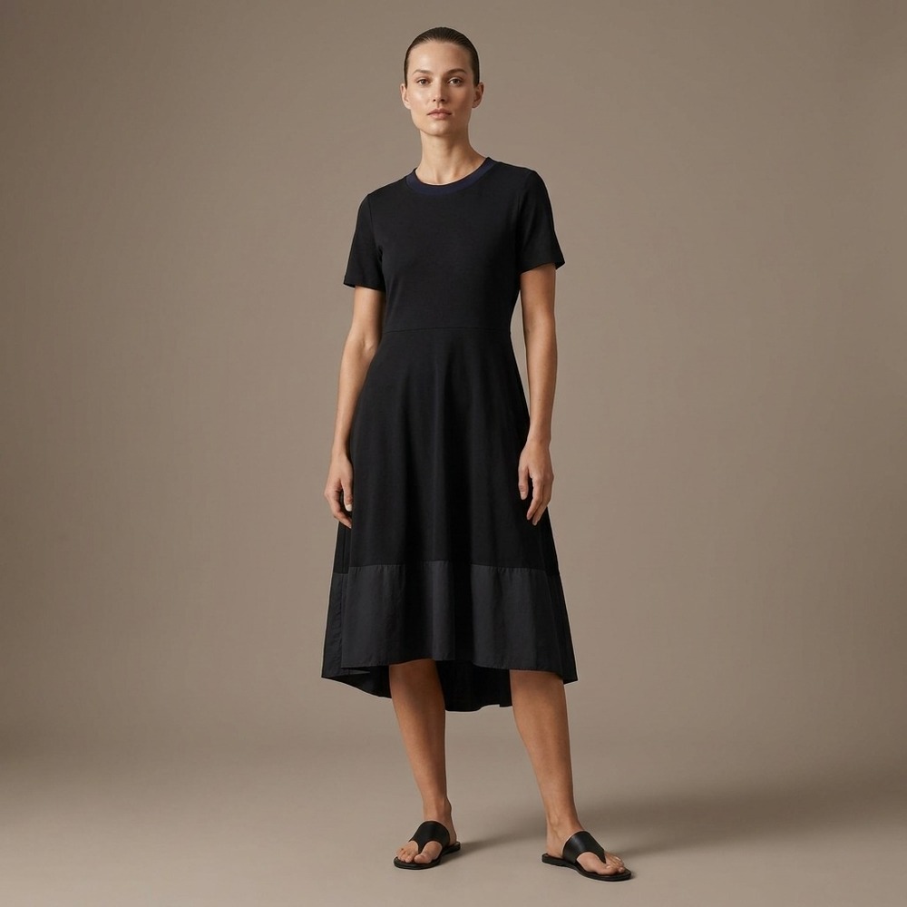 COS Women Fit and Flare Dress L Black Cotton Mixed Media Minimalist Hem